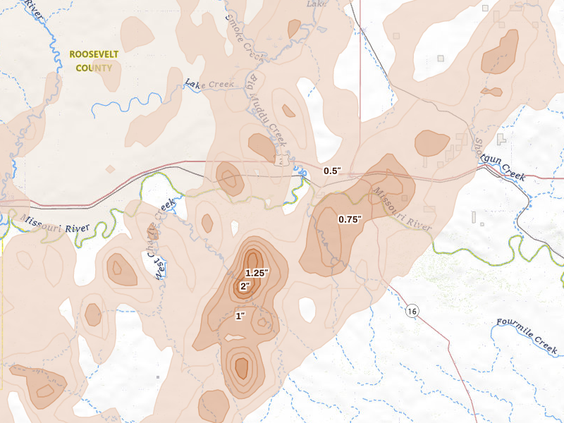 Radar-estimated hail-size map of the storm over Culbertson, MT on Jun 6, 2026