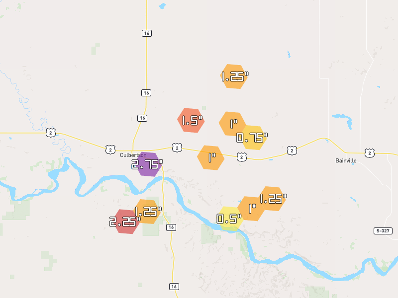 Hail map of Culbertson, MT on Jun 7, 2026, hail up to 2.75"