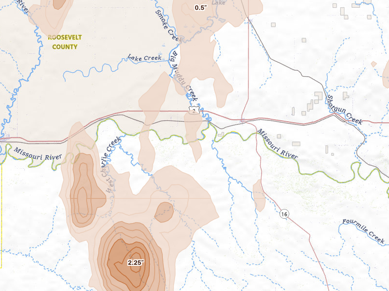 Radar-estimated hail-size map of the storm over Culbertson, MT on Jun 27, 2026