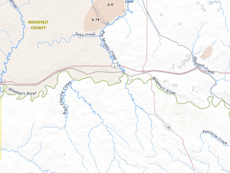 Radar-estimated hail-size map of the storm over Culbertson, MT on Jul 3, 2026