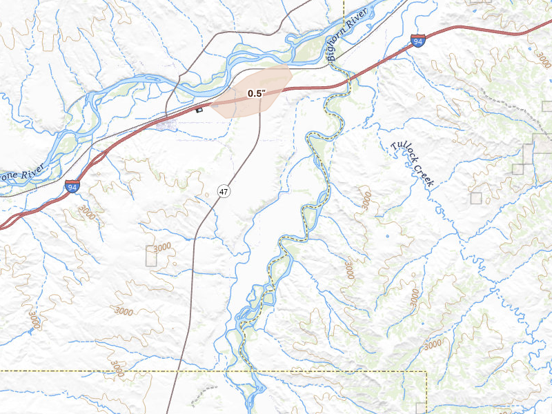 Radar-estimated hail-size map of the storm over Custer, MT on Jun 1, 2026