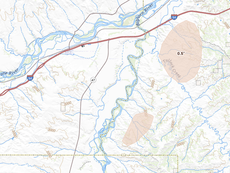 Radar-estimated hail-size map of the storm over Custer, MT on Jun 27, 2026