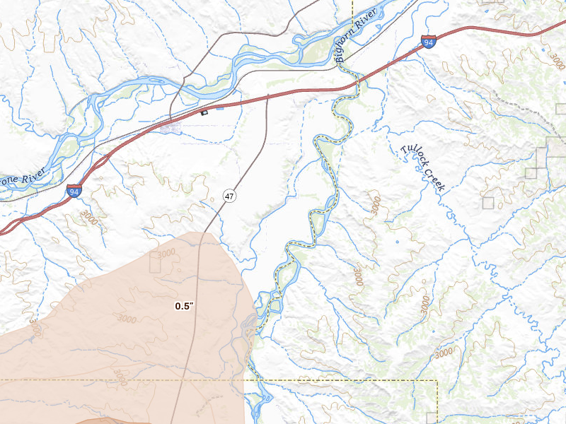 Radar-estimated hail-size map of the storm over Custer, MT on Jul 14, 2026