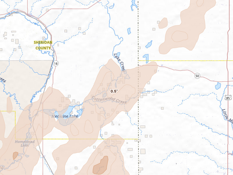 Radar-estimated hail-size map of the storm over Dagmar, MT on Jun 6, 2026