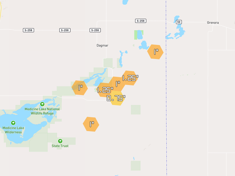 Hail map of Dagmar, MT on Jun 7, 2026, hail up to 1.25"