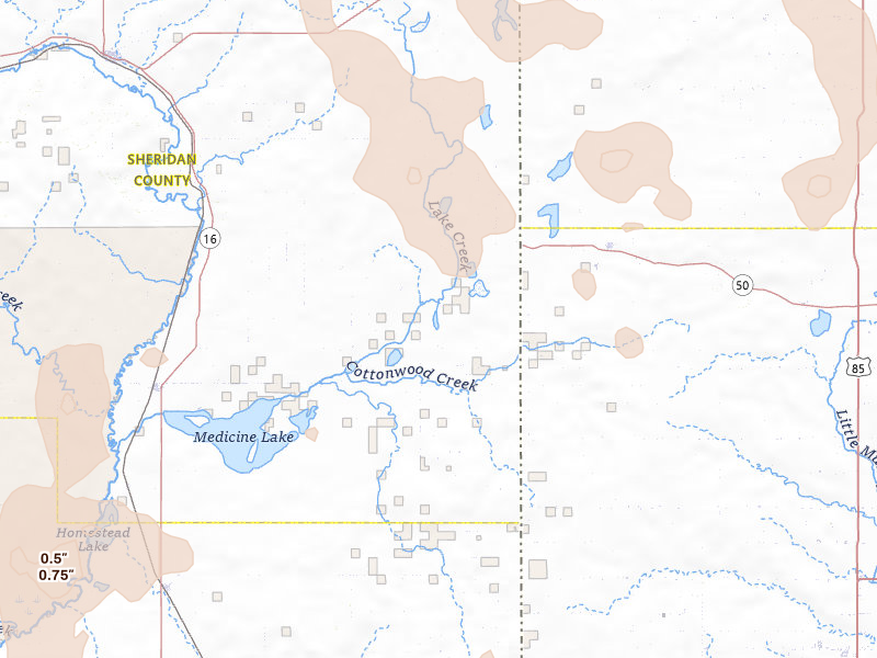 Radar-estimated hail-size map of the storm over Dagmar, MT on Jun 27, 2026