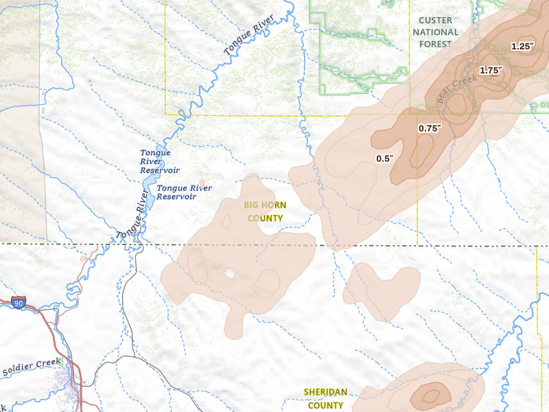 Radar-estimated hail-size map of the storm over Decker, MT on Jun 7, 2026