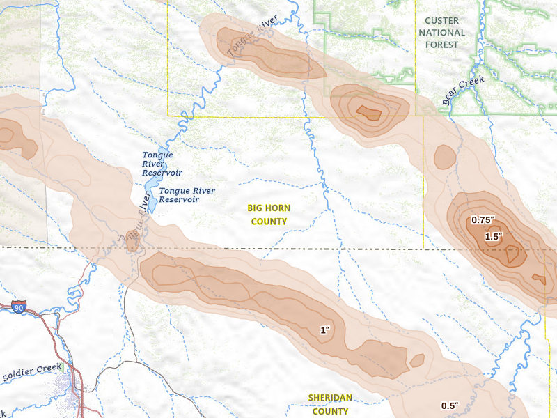 Radar-estimated hail-size map of the storm over Decker, MT on Jun 22, 2026