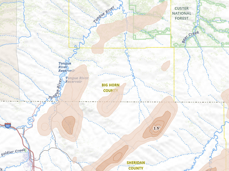 Radar-estimated hail-size map of the storm over Decker, MT on Jun 27, 2026
