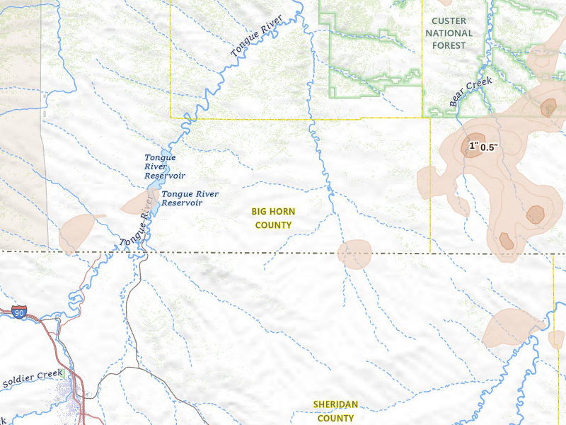 Radar-estimated hail-size map of the storm over Decker, MT on Jul 7, 2026