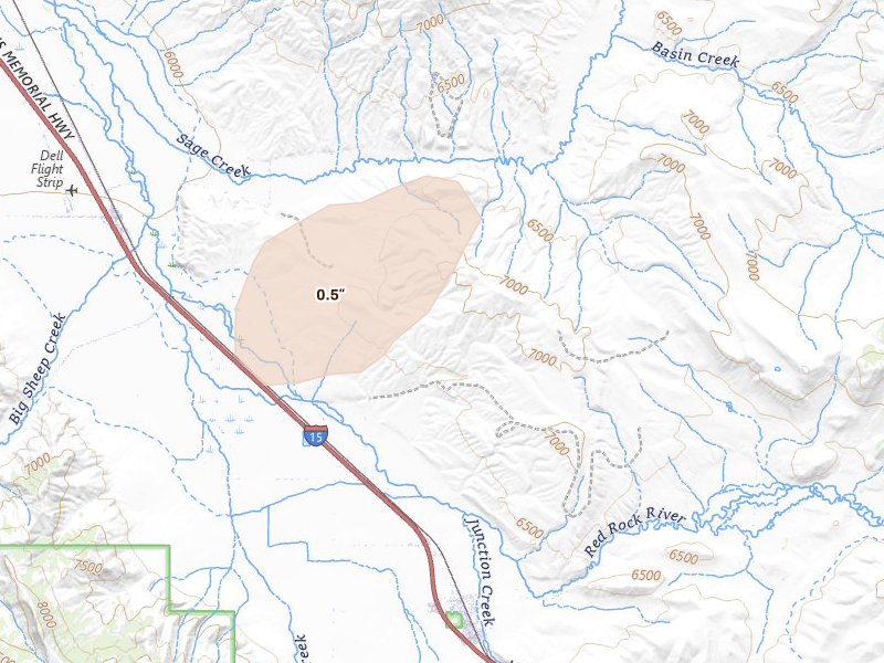 Radar-estimated hail-size map of the storm over Dell, MT on Jul 16, 2026