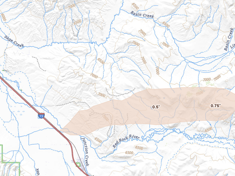 Radar-estimated hail-size map of the storm over Dell, MT on Aug 16, 2026