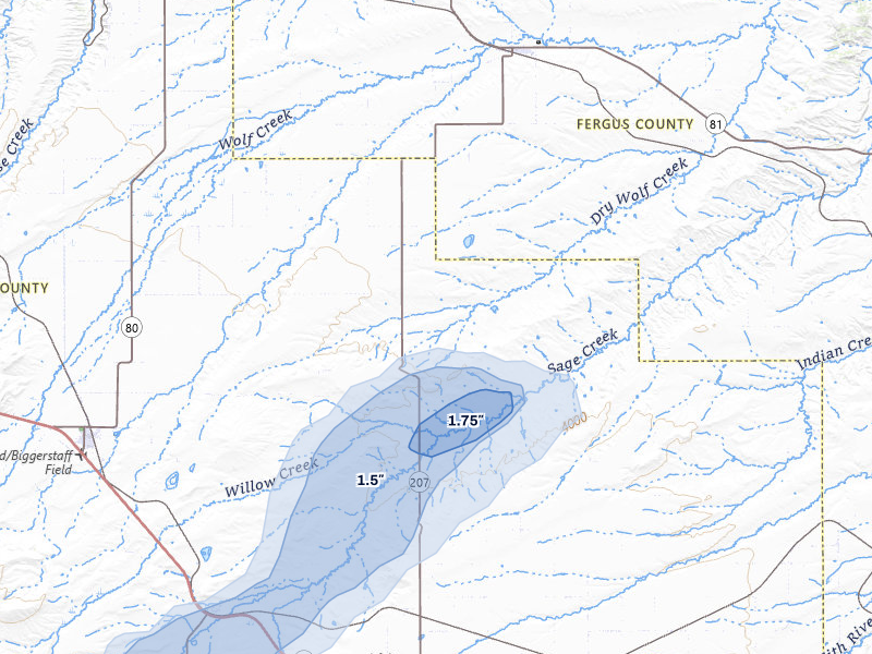 NEXRAD radar-signature map of the hail storm over Denton, MT on May 28, 2026