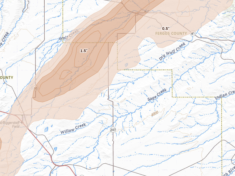 Radar-estimated hail-size map of the storm over Denton, MT on Jul 5, 2026