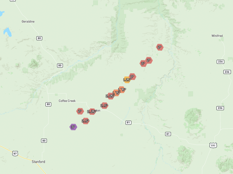 Hail map of Denton, MT on Jul 6, 2026, hail up to 3"