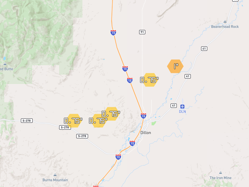 Hail map of Dillon, MT on Jul 7, 2026, hail up to 1"