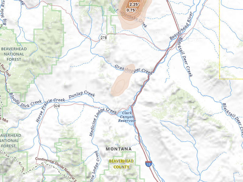 Radar-estimated hail-size map of the storm over Dillon, MT on Jul 15, 2026