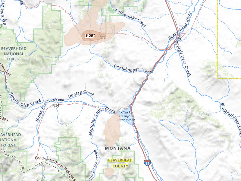 Radar-estimated hail-size map of the storm over Dillon, MT on Jul 16, 2026