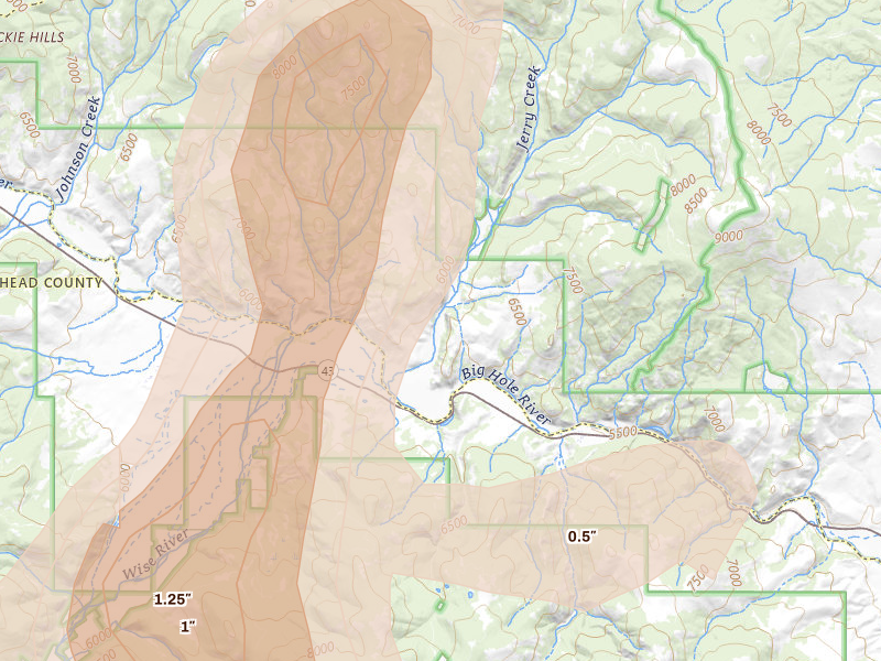 Radar-estimated hail-size map of the storm over Divide, MT on Jul 16, 2026