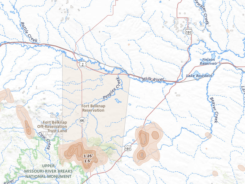Radar-estimated hail-size map of the storm over Dodson, MT on May 29, 2026