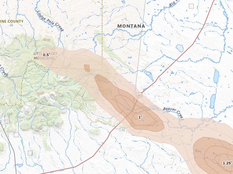 Radar-estimated hail-size map of the storm over Dodson, MT on Aug 17, 2026