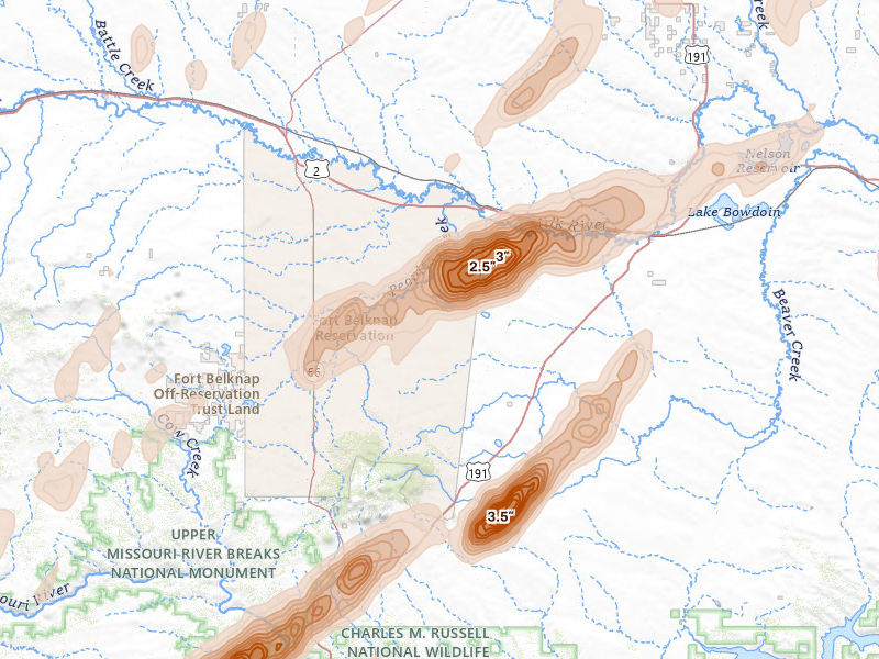 Radar-estimated hail-size map of the storm over Dodson, MT