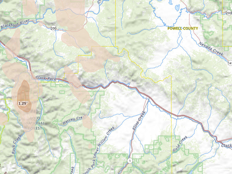Radar-estimated hail-size map of the storm over Drummond, MT on May 28, 2026