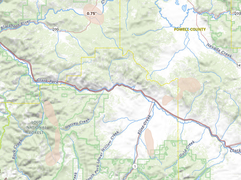 Radar-estimated hail-size map of the storm over Drummond, MT on Jul 17, 2026