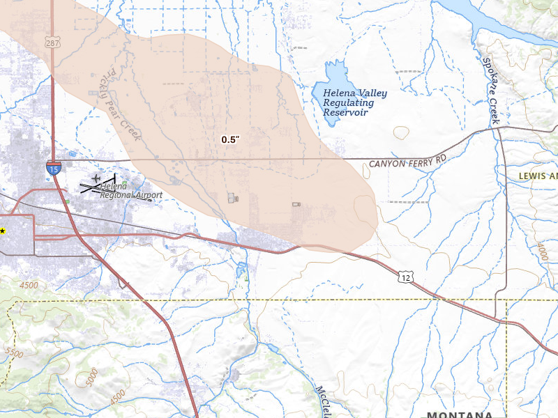 Radar-estimated hail-size map of the storm over East Helena, MT on Jun 25, 2026