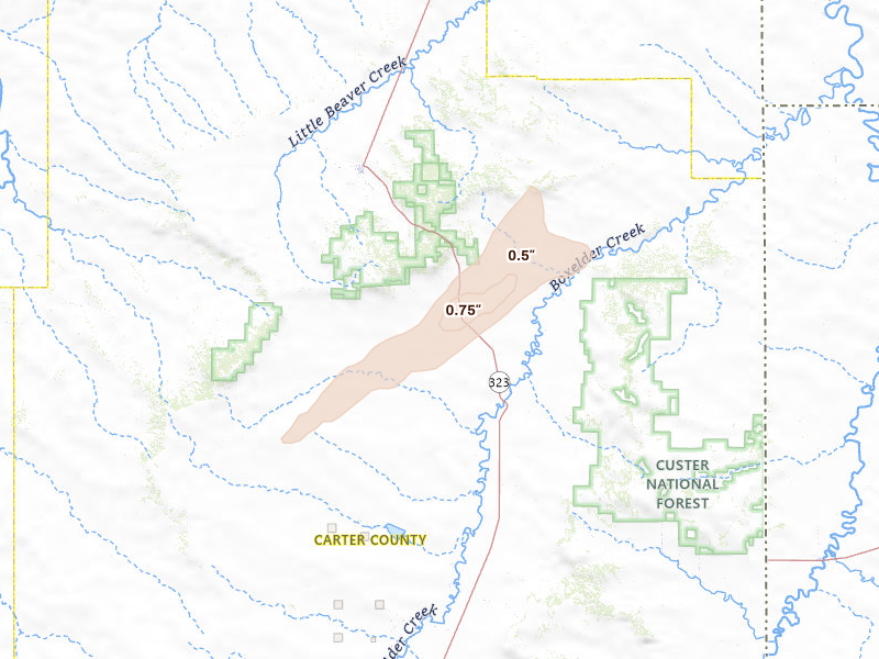 Radar-estimated hail-size map of the storm over Ekalaka, MT on Jun 1, 2026