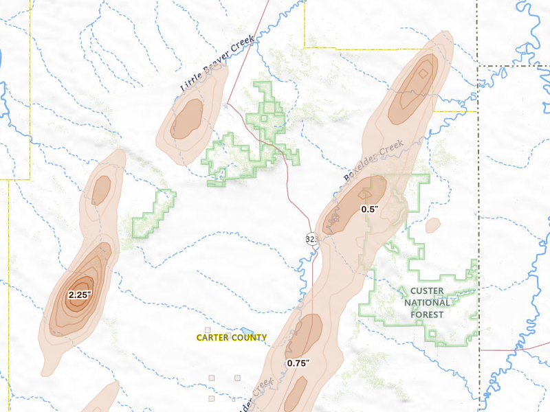 Radar-estimated hail-size map of the storm over Ekalaka, MT on Jun 2, 2026