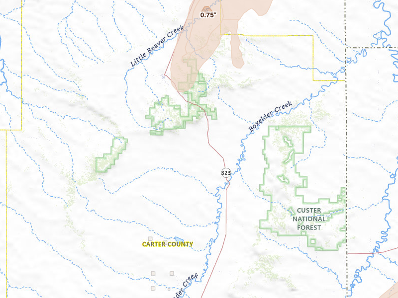 Radar-estimated hail-size map of the storm over Ekalaka, MT on Jun 6, 2026