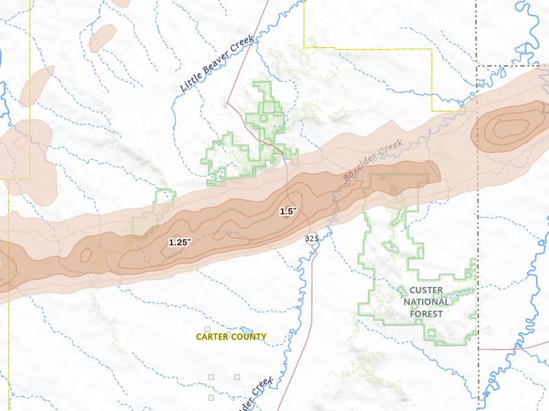 Radar-estimated hail-size map of the storm over Ekalaka, MT on Jun 7, 2026