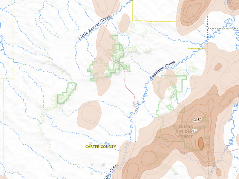 Radar-estimated hail-size map of the storm over Ekalaka, MT on Jun 27, 2026