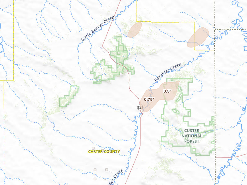 Radar-estimated hail-size map of the storm over Ekalaka, MT on Jul 1, 2026