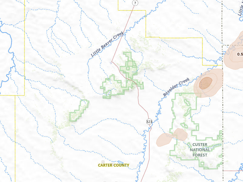 Radar-estimated hail-size map of the storm over Ekalaka, MT on Jul 5, 2026