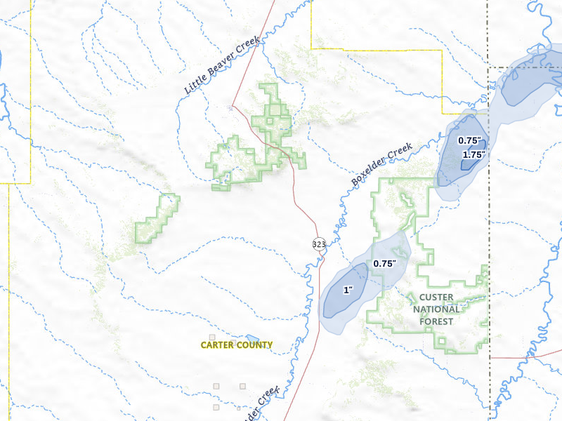 NEXRAD radar-signature map of the hail storm over Ekalaka, MT on Jul 5, 2026