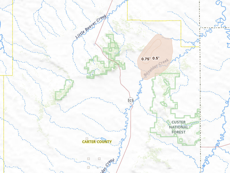 Radar-estimated hail-size map of the storm over Ekalaka, MT on Jul 6, 2026