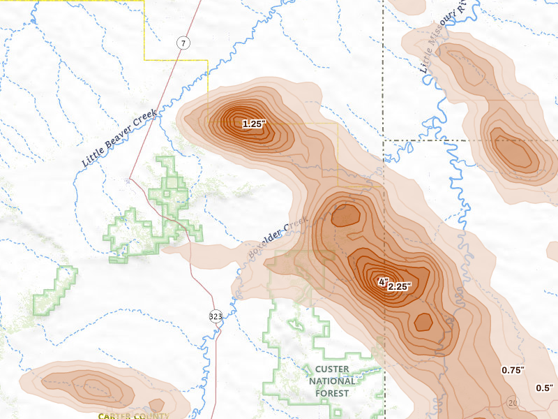 Radar-estimated hail-size map of the storm over Ekalaka, MT on Aug 11, 2026