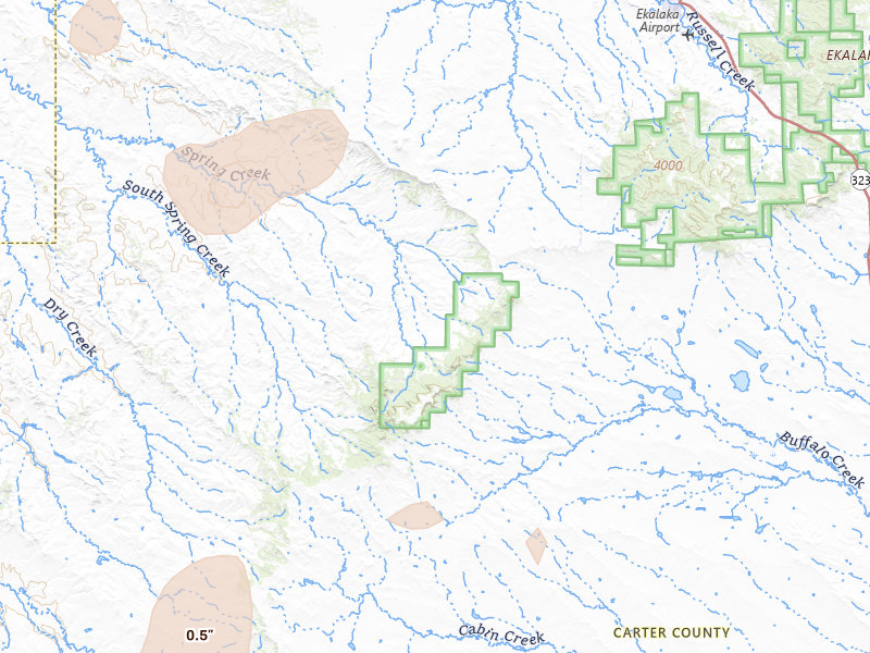 Radar-estimated hail-size map of the storm over Ekalaka, MT on Aug 12, 2026