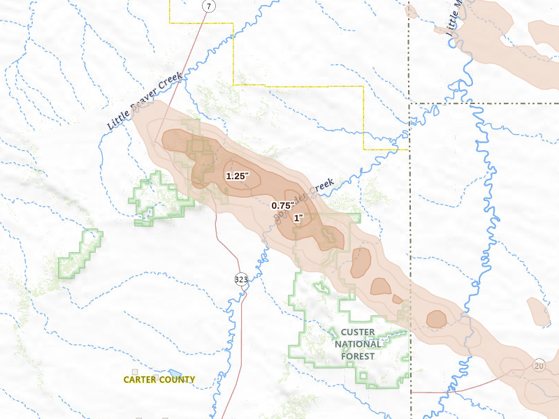 Radar-estimated hail-size map of the storm over Ekalaka, MT on Aug 17, 2026
