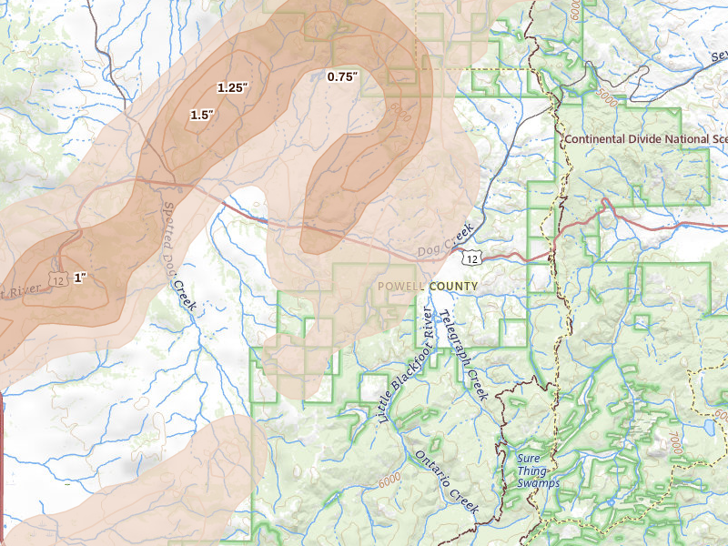 Radar-estimated hail-size map of the storm over Elliston, MT