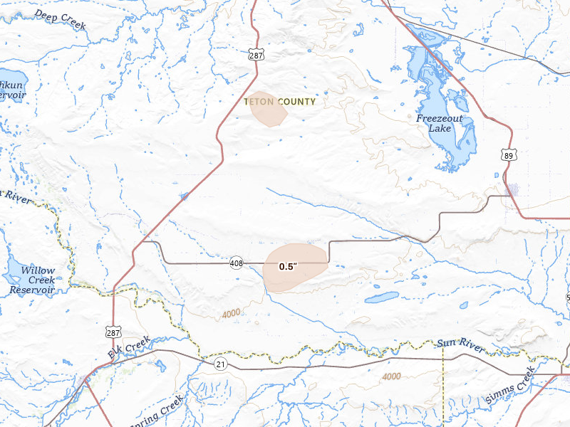Radar-estimated hail-size map of the storm over Fairfield, MT on May 28, 2026