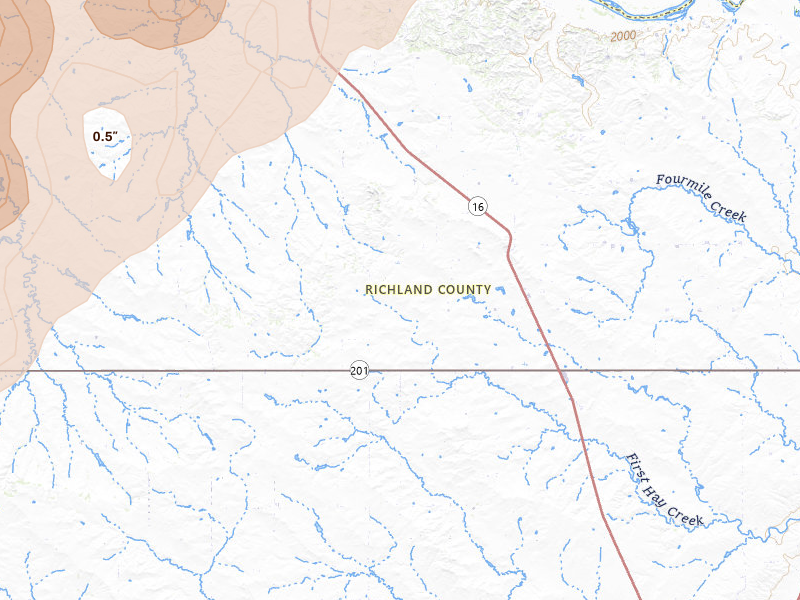 Radar-estimated hail-size map of the storm over Fairview, MT on Jun 6, 2026