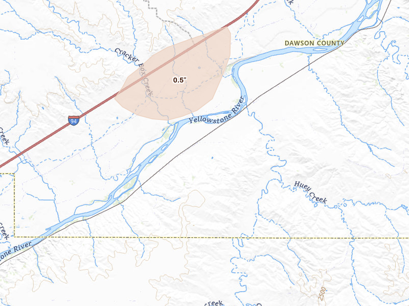 Radar-estimated hail-size map of the storm over Fallon, MT on Jul 3, 2026
