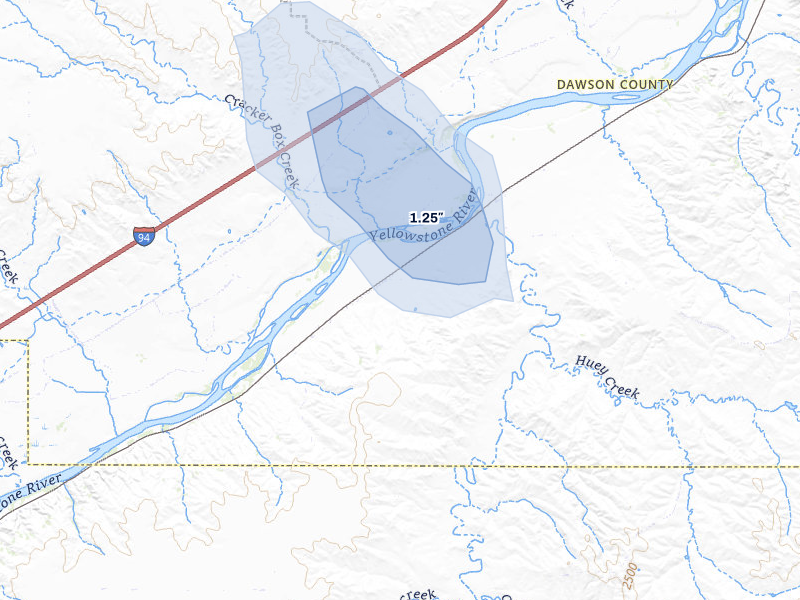 NEXRAD radar-signature map of the hail storm over Fallon, MT on Jul 3, 2026