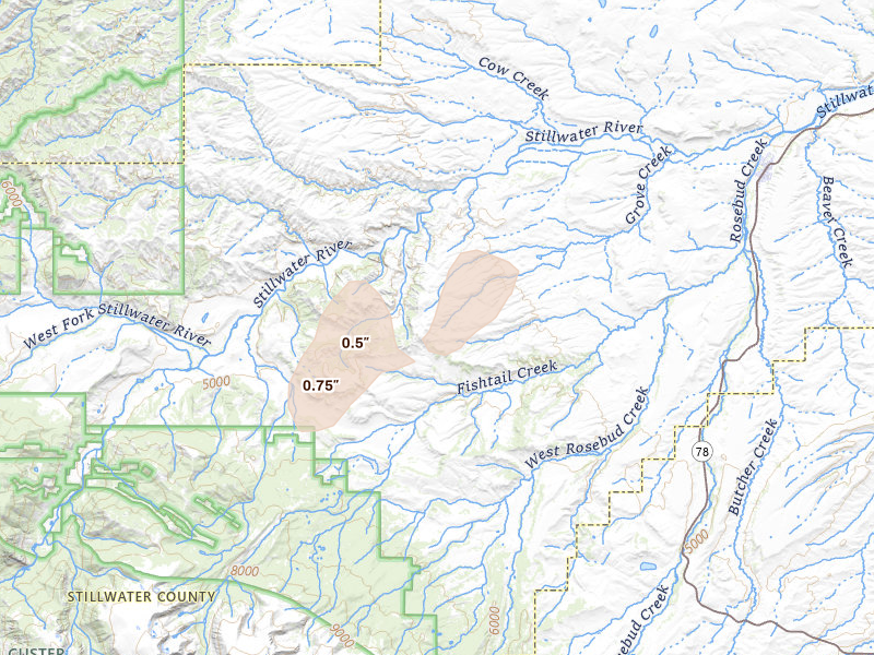 Radar-estimated hail-size map of the storm over Fishtail, MT on Jul 1, 2026