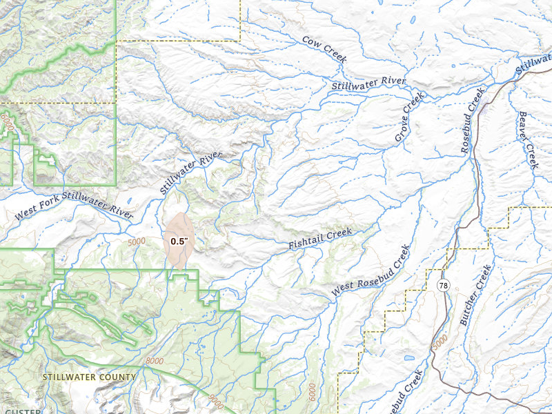 Radar-estimated hail-size map of the storm over Fishtail, MT on Jul 15, 2026