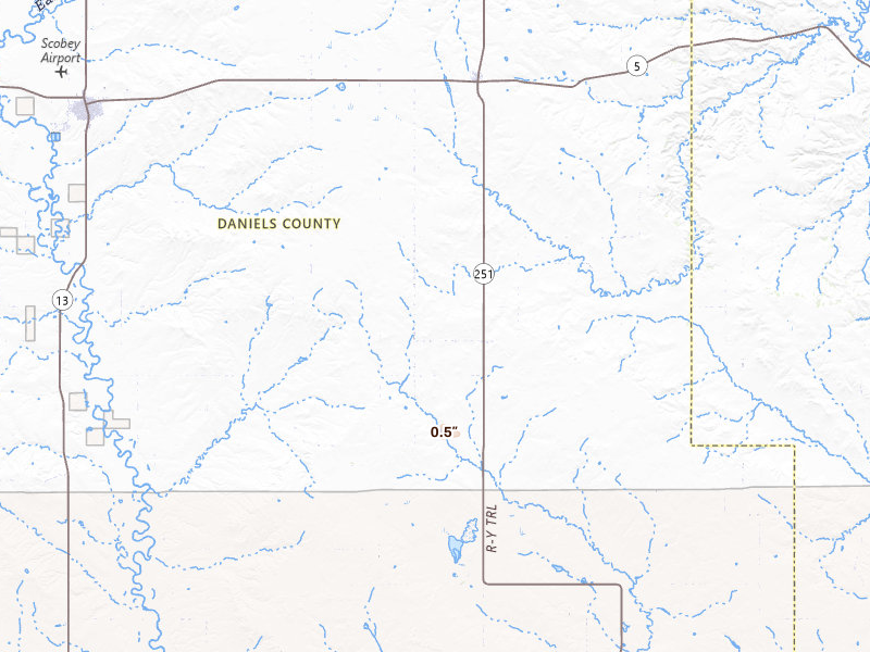 Radar-estimated hail-size map of the storm over Flaxville, MT on Jun 29, 2026