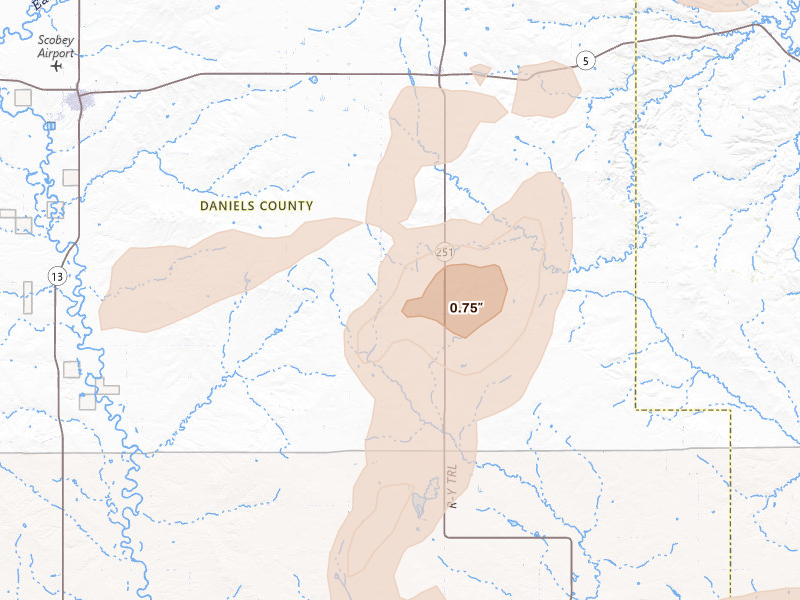 Radar-estimated hail-size map of the storm over Flaxville, MT on Jul 2, 2026